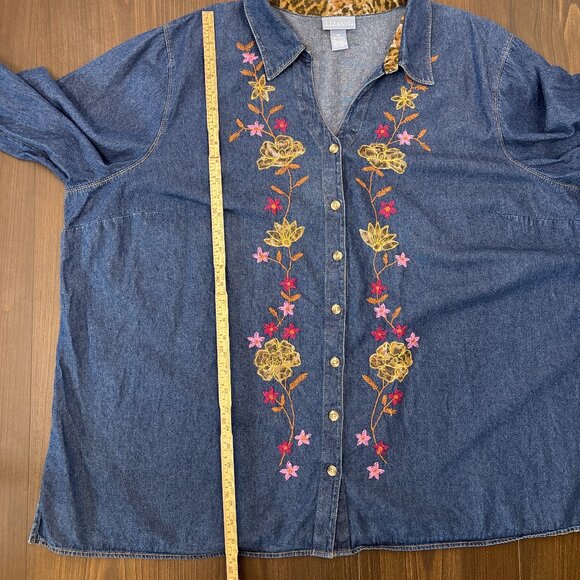 Liz & Me Embroidered Denim‎ Button-Up Top Women's 4X Floral Western Boho Shirt - Picture 15 of 16